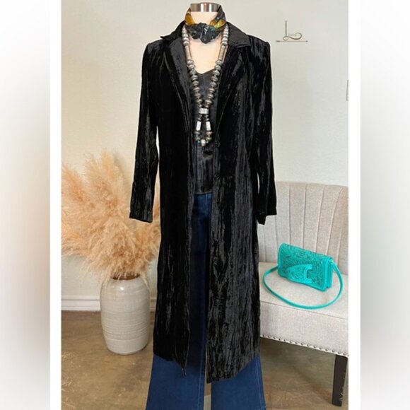 Guess Jeans Glamour Black Crushed Velvet Duster Trench Coat - Picture 2 of 15